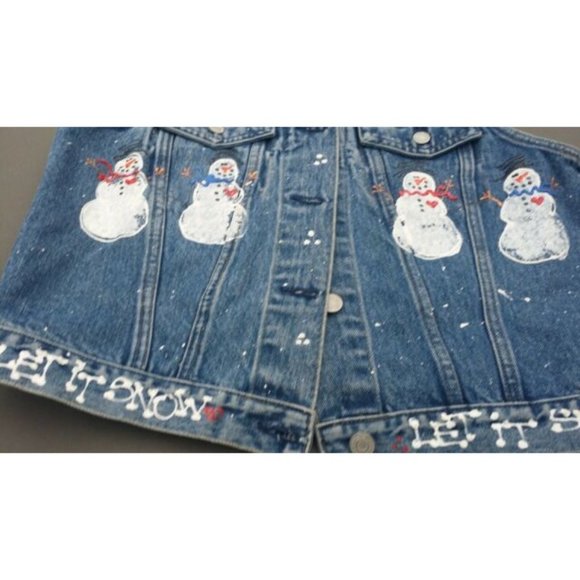 Girls Jean Vest Size M Holiday Winter Handpainted Snowman - Picture 5 of 12
